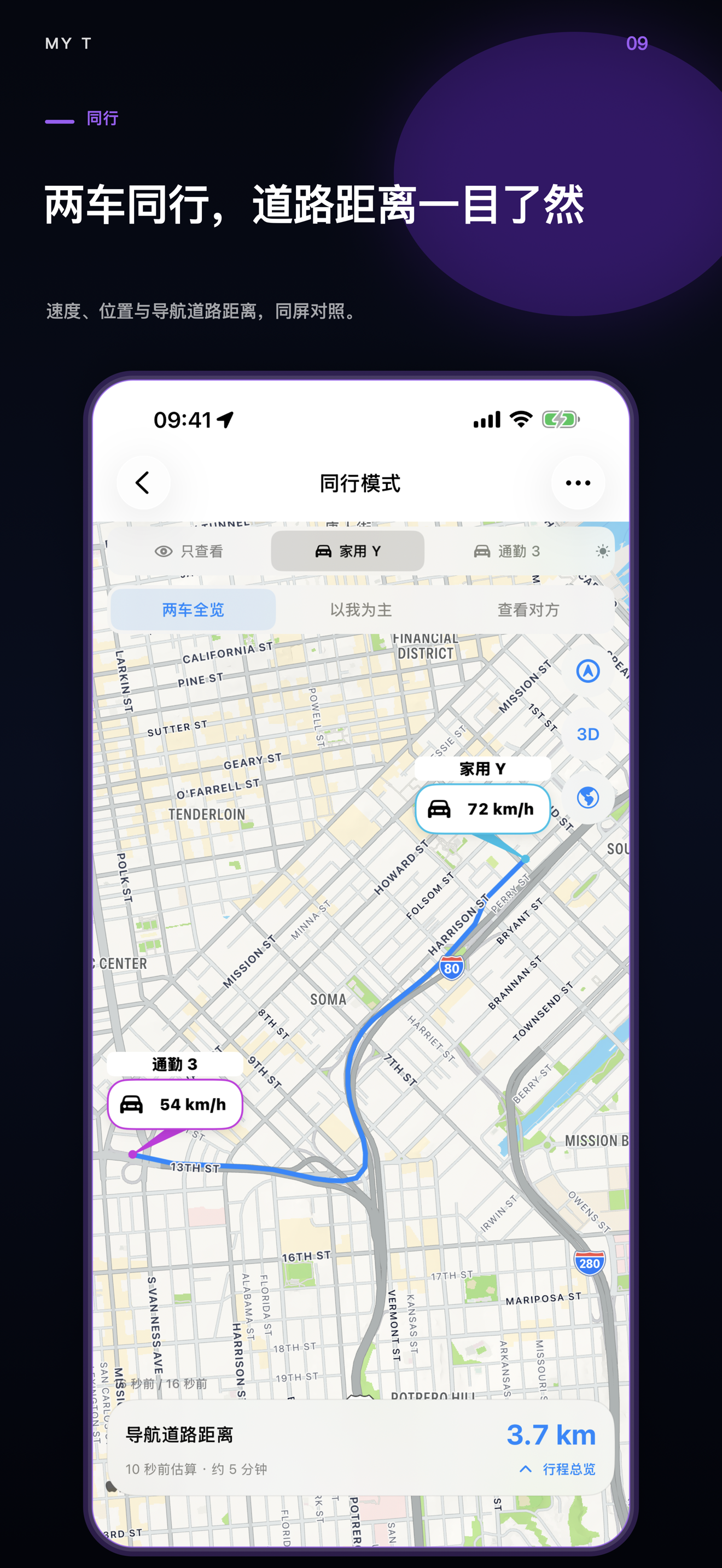 My T 同行：两辆示范车与导航道路距离